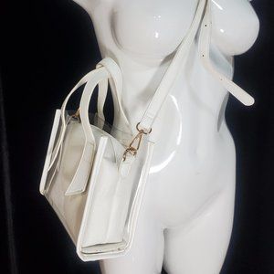 Urban Expressions clear Vinyl handbag W White vegan leather insert.